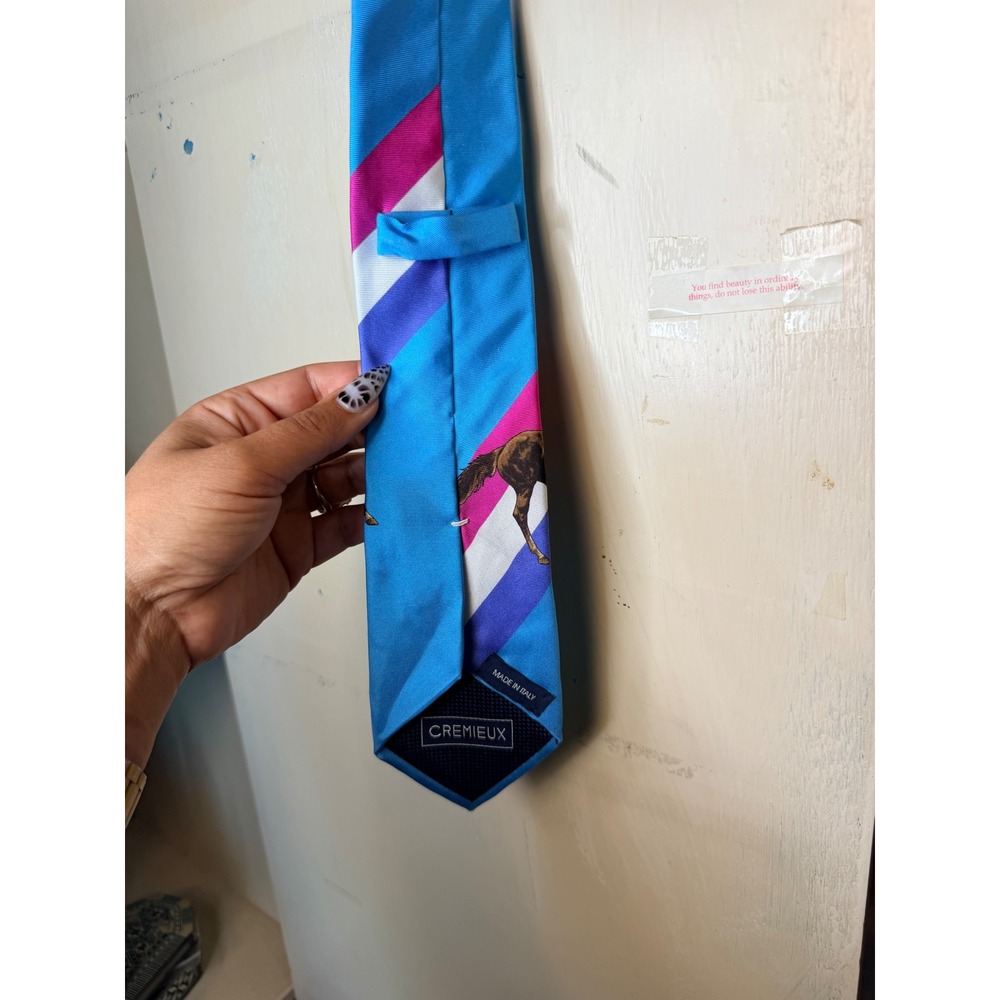 Cremieux Mens Silk Tie Blue Equestrian Horse Racing Stripe Made in Italy - Picture 3 of 4